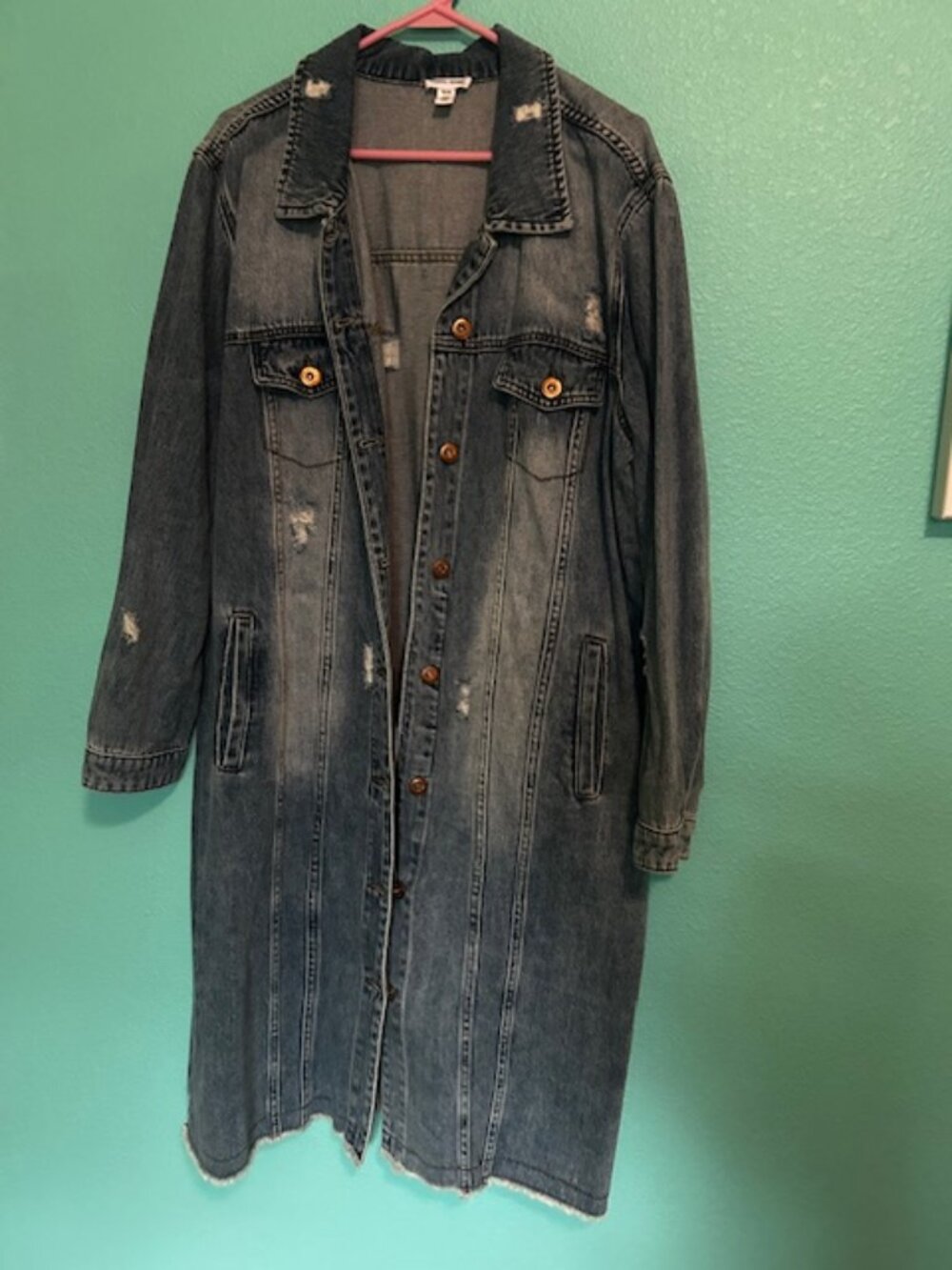 Tribal Jeans Long Duster Jacket/Dress, Distressed Button Down Pockets XL EUC